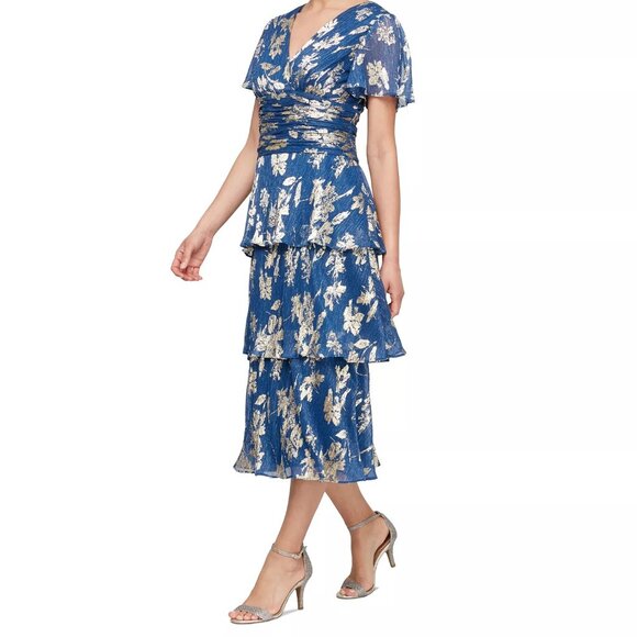 SL Fashions Women's Floral Surplice-Neck Tiered Dress Royal Gold Size 14 - Picture 3 of 3
